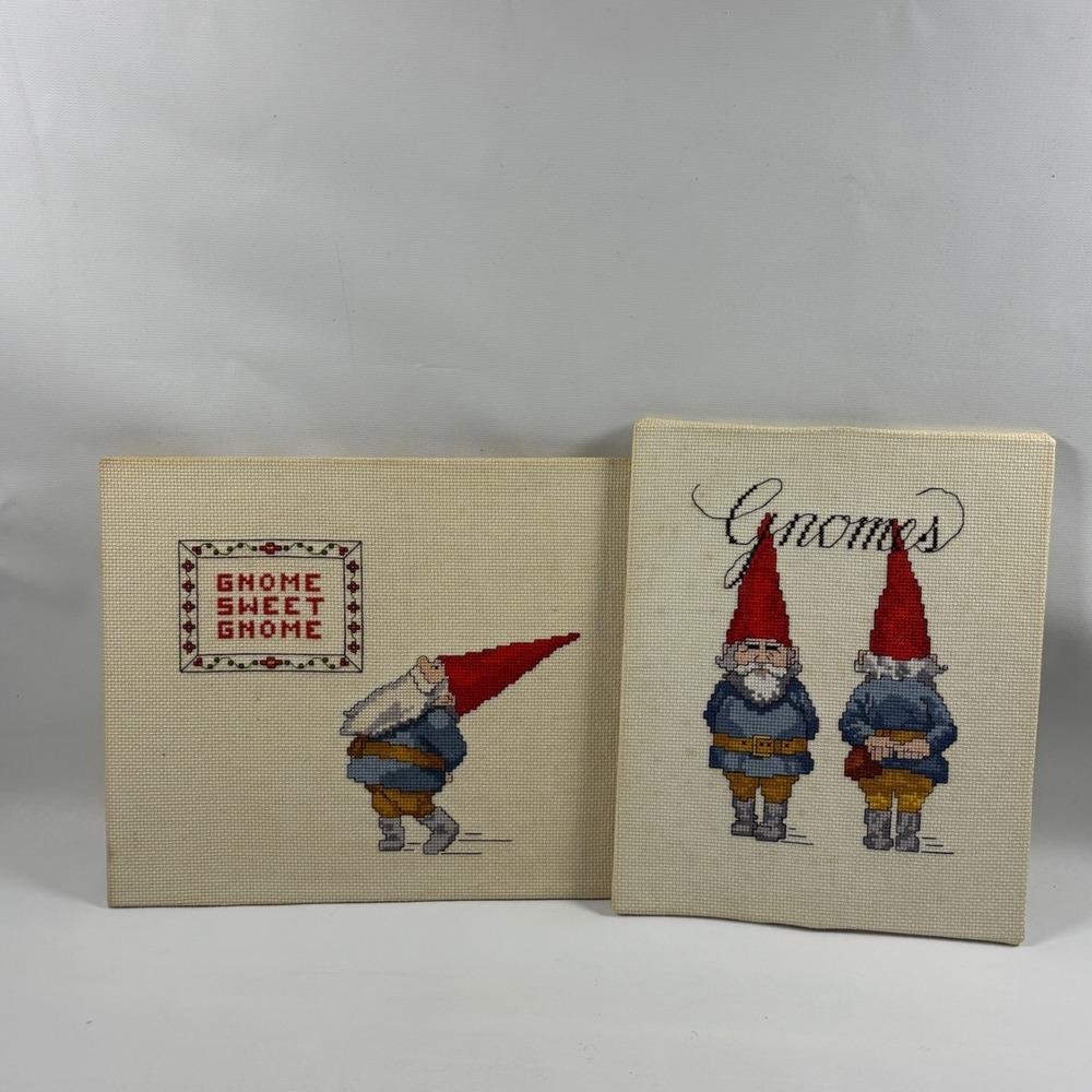 Vintage Gnome Sweet Gnome Gnomes Finished Cross Stitch Wall Art Set of 2 1980s